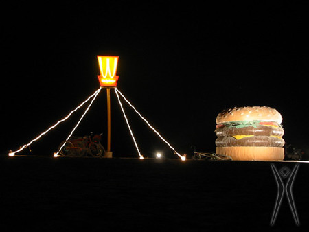 Giant Cheeseburger art at Black Rock City. 