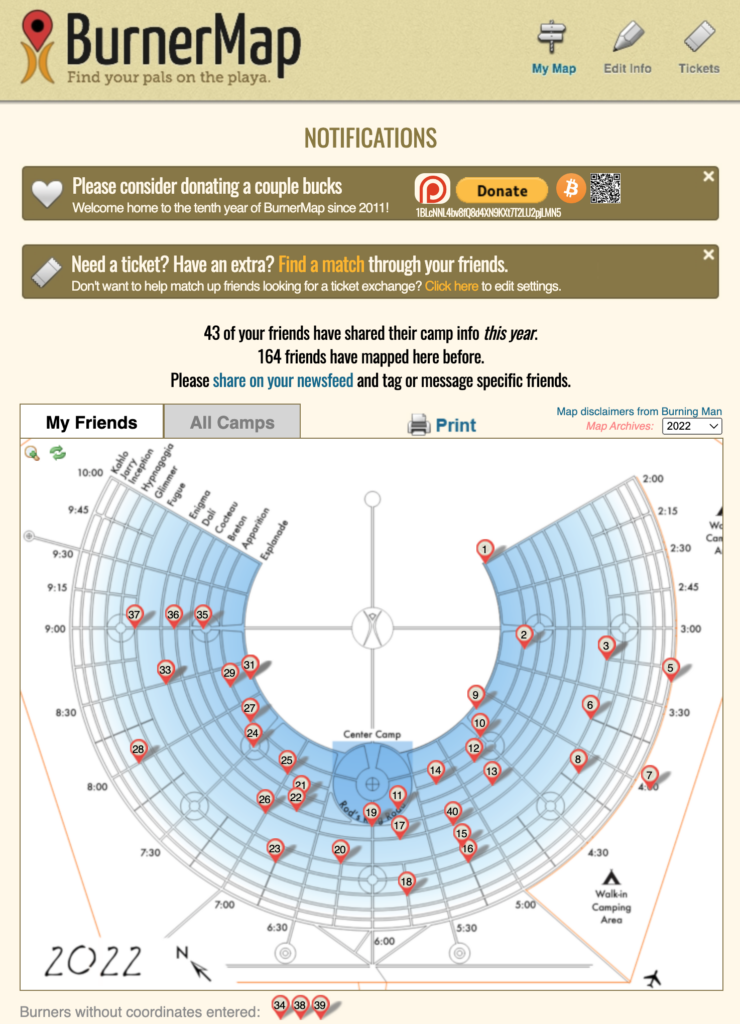 BurnerMap app logo. Image of Black Rock City map with pins of camps. 