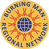 Burning Man Regional Network logo, orange circle with red stick figures holding hands encircling a globe icon