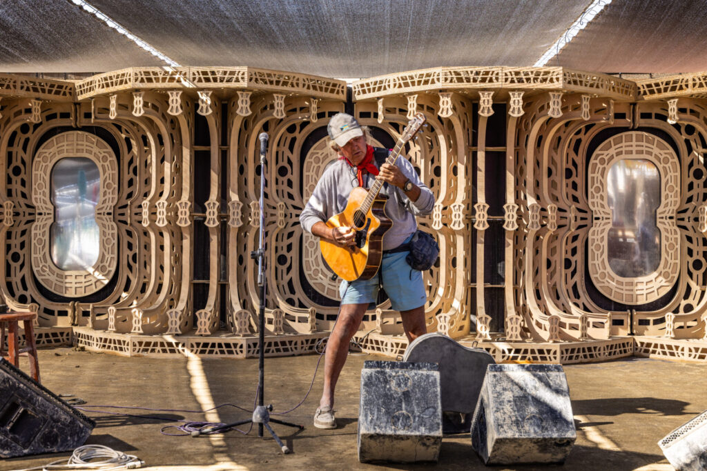 Acoustic guitar player performs in front of decorative panels