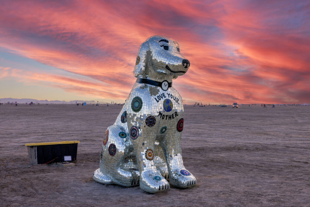 8 foot high dog art covered in little mirrors.