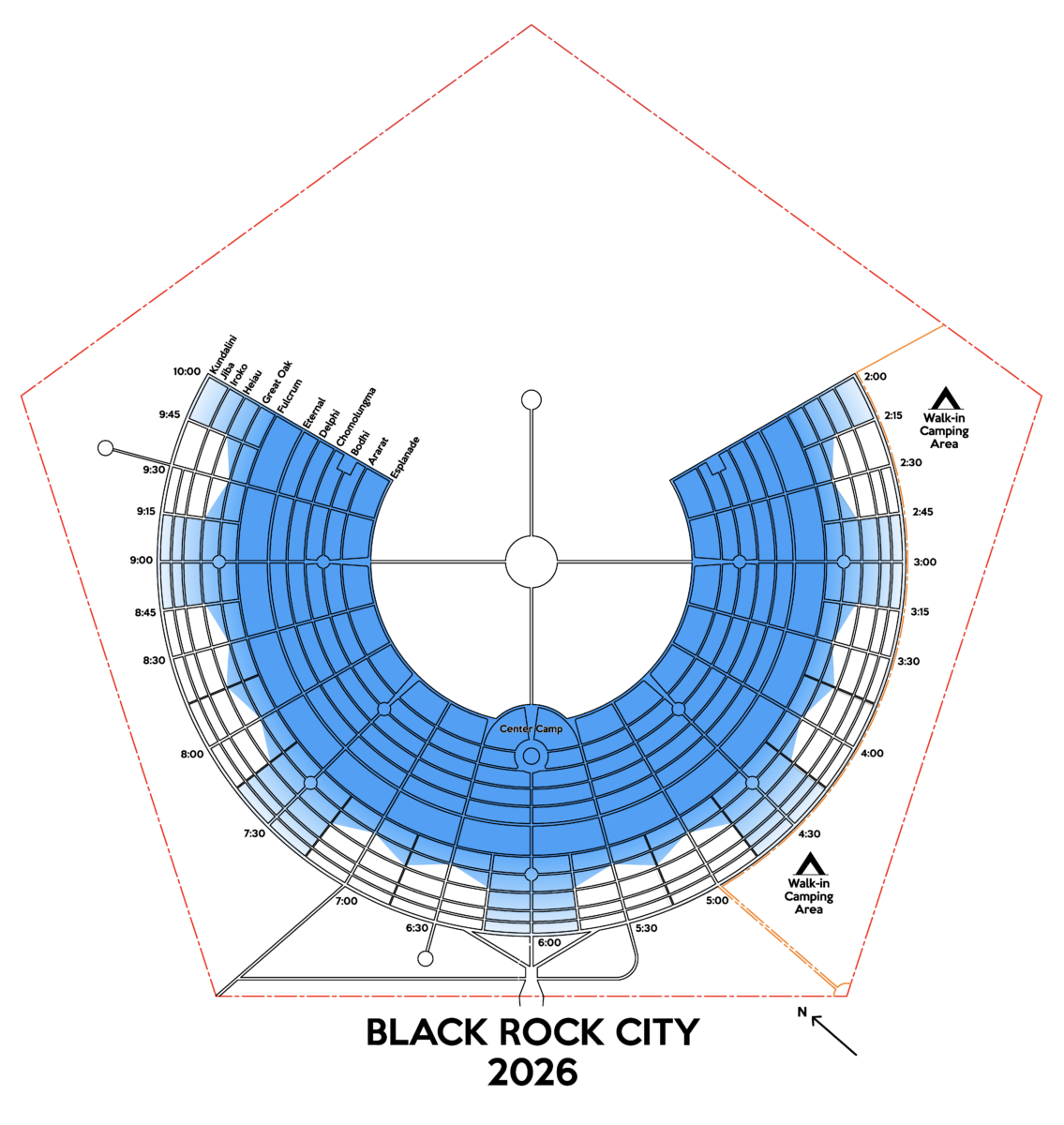 Outline map of Black Rock City streets, avenues, and plazas.