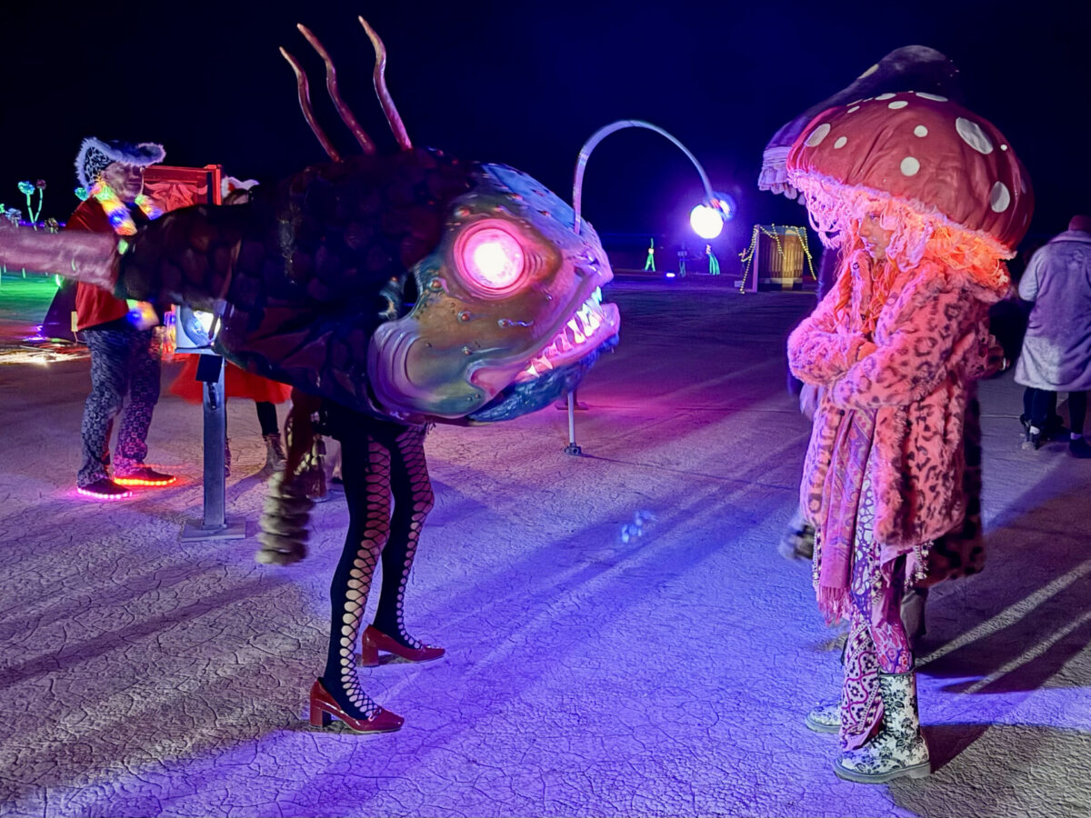 A person dressed as an angler fish and a woman with a large mushroom cap hat.