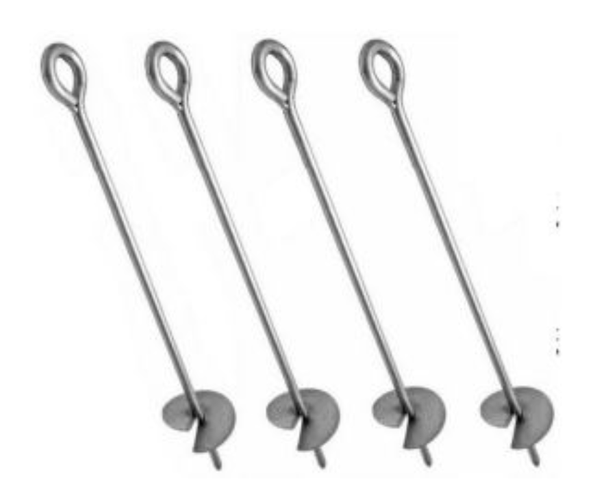 Ground anchors with spiral spade at the base and loop at the top