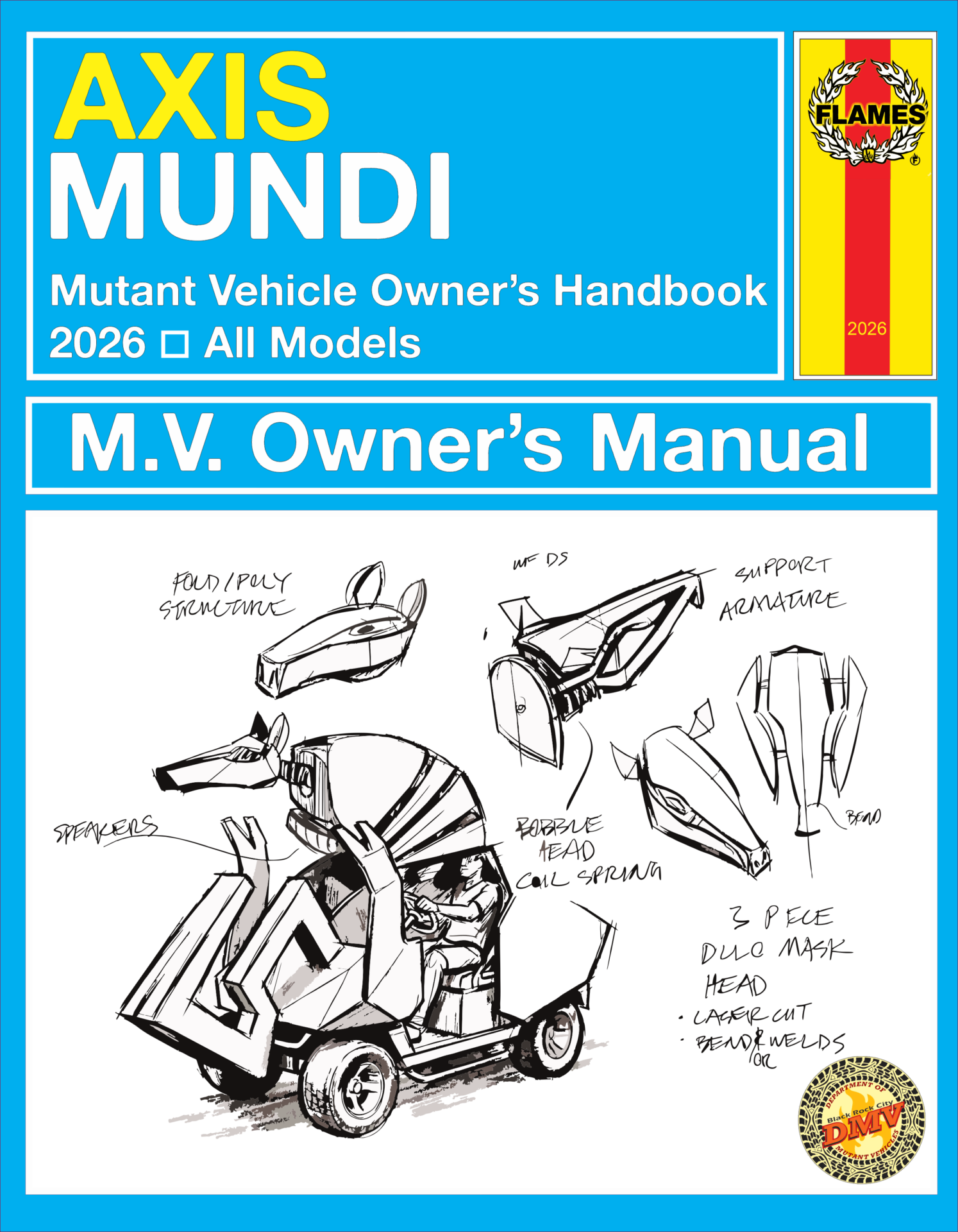 Mutant Vehicle Owner's Manual cover image with the words Axis Mundi and Mutant Vehicle Owner's Handbook and image of drawing of an imaginary mutant vehicle.