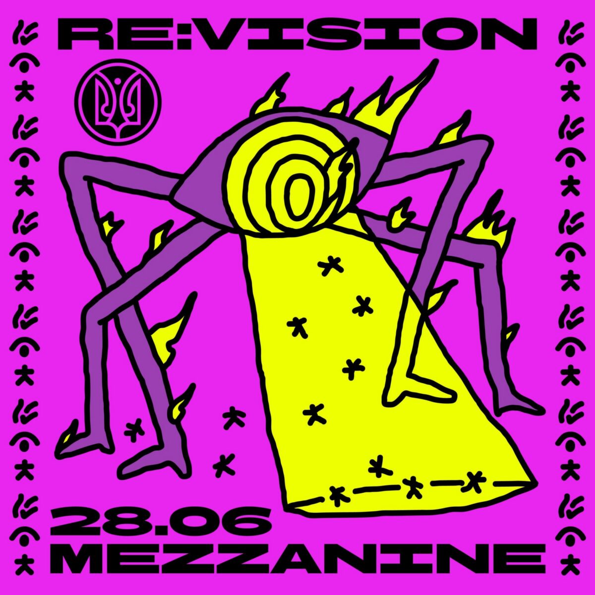 Graphic illustration of a yellow and purple spider-like figure shining a spotlight with the date of Re:Vision and the word "Mezzanine".