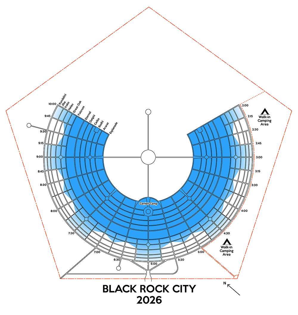 Radial city map of Black Rock City 2026 with street names shown, and placed camp areas highlighted blue.