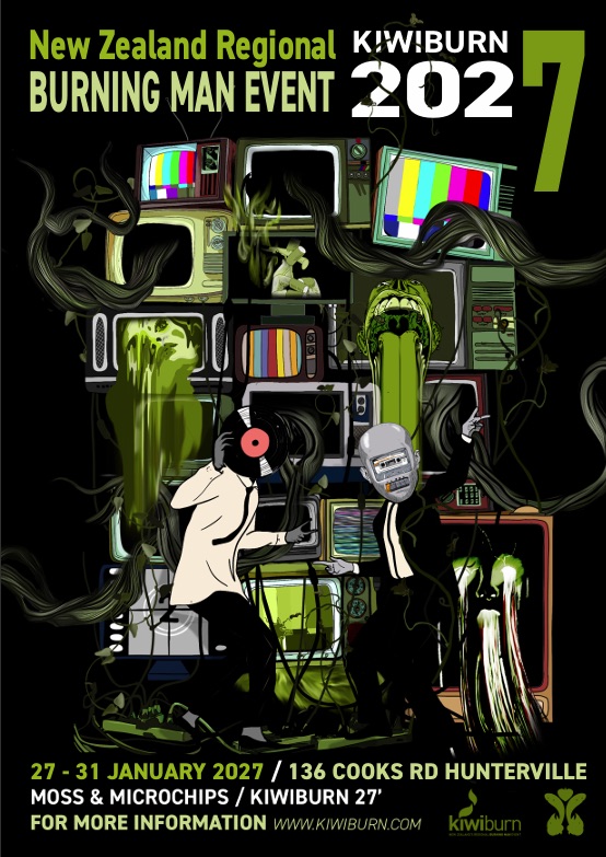 poster for New Zealand Regional Burning Man Event KiwiBurn 2027 of two people in suits dancing with record in hand, televisions in background