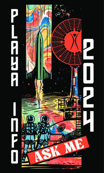 Retrofuturist illustration with rockets, astronauts and the burning man symbol
